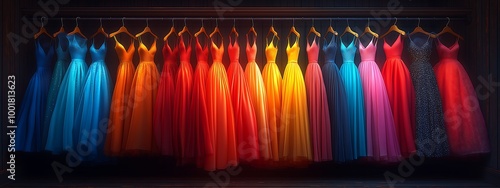 Pretty clothesrail and hanging on it are beautiful dresses, all differnt colours and all different designs, some plain material some spotted material and some striped material photo