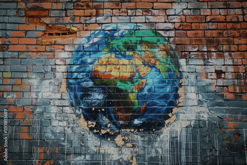 Graffiti art depicting fragile burning Earth on brick wall, global warming awareness photo