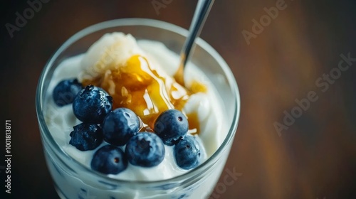 This bowl showcases fresh blueberries atop creamy Greek yogurt, enhanced with a drizzle of honey and a spoon gently mixing the ingredients. Perfect for a nutritious treat