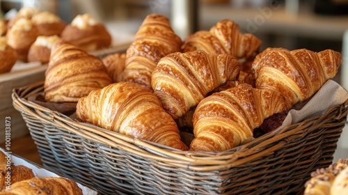 Wallpaper Mural A bakery scene with freshly baked croissants, pain au chocolat, and brioche buns, displayed in a basket ready for customers to enjoy Torontodigital.ca