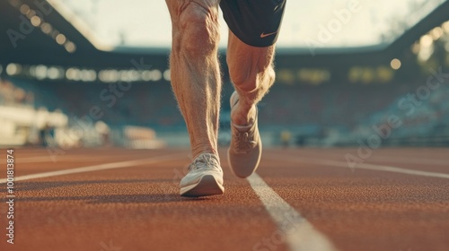 Close-up of runner's legs on track at stadium with morning light, capturing speed and determination in sport photo