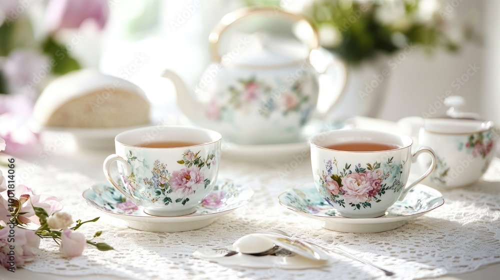 A beautifully arranged tea set with delicate floral cups and saucers, on a white lace tablecloth, in a bright room - A beautifully arranged tea set with delicate floral cups and saucers, on a white lace tablecloth, in a bright room -