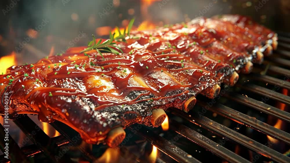 A rack of ribs is grilling over an open flame, the meat is glistening with barbecue sauce