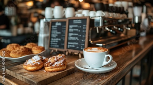 A menu board with various coffee options listed, with a cup of coffee and pastries in the foreground, creating an inviting scene for photo