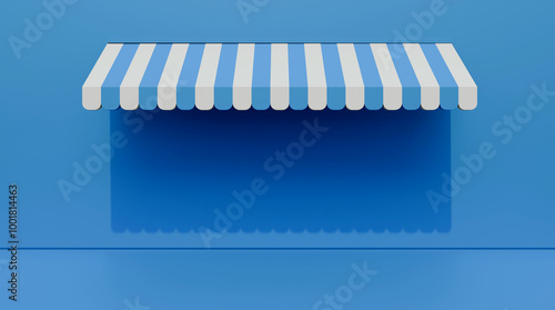 Photography Striped street shop tent 3d illustration on blue wall