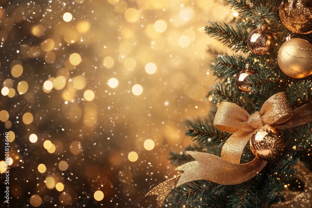 Gold Christmas background of defocused lights with decorated tree Gold Christmas background of defocused lights with decorated tree