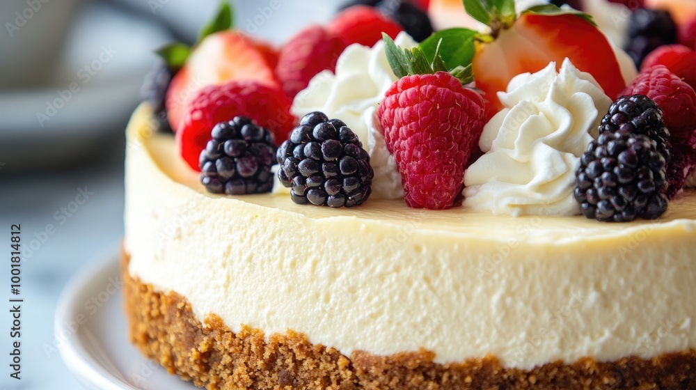 A close-up shot of a freshly baked cheesecake with a graham cracker crust, topped with fresh fruit and whipped cream, perfect for a sweet indulgence A close-up shot of a freshly baked cheesecake with a graham cracker crust, topped with fresh fruit and whipped cream, perfect for a sweet indulgence