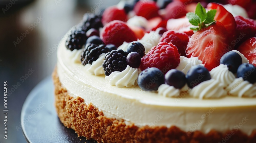 A close-up shot of a freshly baked cheesecake with a graham cracker crust, topped with fresh fruit and whipped cream, perfect for a sweet indulgence A close-up shot of a freshly baked cheesecake with a graham cracker crust, topped with fresh fruit and whipped cream, perfect for a sweet indulgence