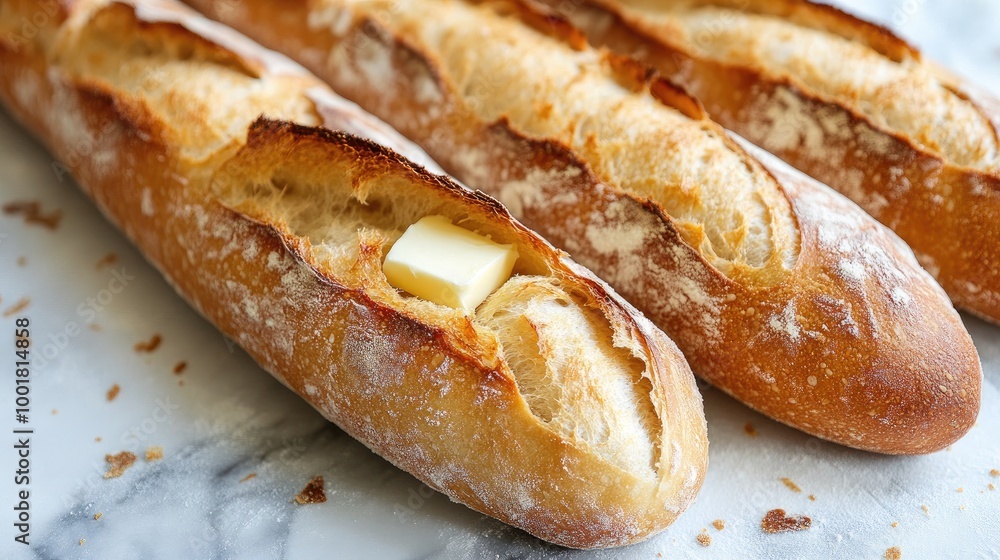 A close-up shot of a perfectly baked baguette with a crispy crust and soft interior, freshly sliced and ready to be served with butter A close-up shot of a perfectly baked baguette with a crispy crust and soft interior, freshly sliced and ready to be served with butter