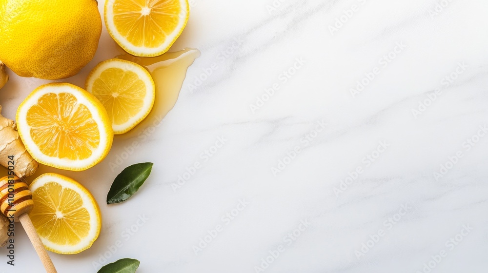 Lemon and ginger slices are artfully arranged in a circular design, enhanced by honey drizzling, promoting a healthful lifestyle on a marble backdrop Lemon and ginger slices are artfully arranged in a circular design, enhanced by honey drizzling, promoting a healthful lifestyle on a marble backdrop