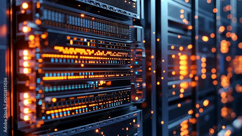 A close-up view of a server rack in a data center, with glowing lights illuminating the intricate hardware A close-up view of a server rack in a data center, with glowing lights illuminating the intricate hardware