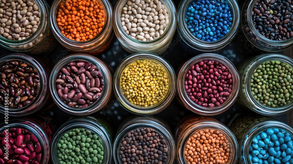 A flat lay of various dried beans in glass jars, showcasing an array of vibrant colors and textures, perfect for a pantry organization scene A flat lay of various dried beans in glass jars, showcasing an array of vibrant colors and textures, perfect for a pantry organization scene