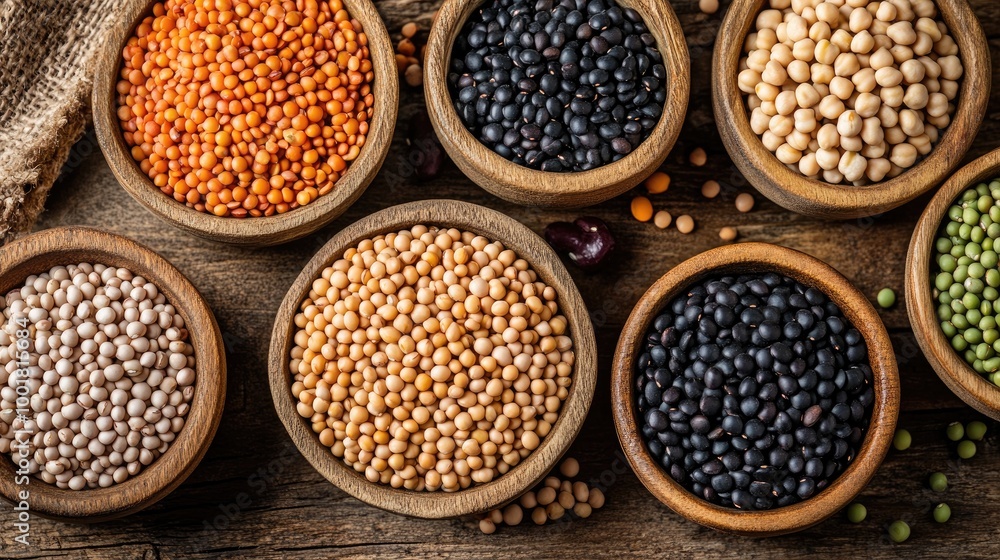 A flat lay of various dried beans, such as lentils, black beans, and chickpeas, displayed in wooden bowls with a rustic backdrop A flat lay of various dried beans, such as lentils, black beans, and chickpeas, displayed in wooden bowls with a rustic backdrop