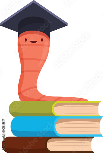 Smiling cartoon worm wearing a graduation hat is sitting on a stack of books