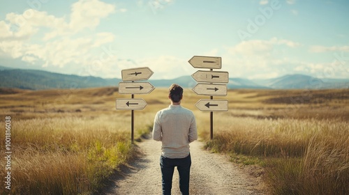Wallpaper Mural A man standing at a crossroads in a vast open field, looking at multiple directional signs, each pointing in different directions, representing the challenge of making choices Torontodigital.ca