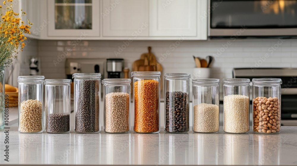 A modern kitchen countertop with glass jars of dried beans, lentils, and grains neatly arranged for a minimalist, healthy lifestyle A modern kitchen countertop with glass jars of dried beans, lentils, and grains neatly arranged for a minimalist, healthy lifestyle
