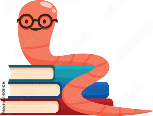 Cute pink worm wearing glasses is reading, lying on a stack of books