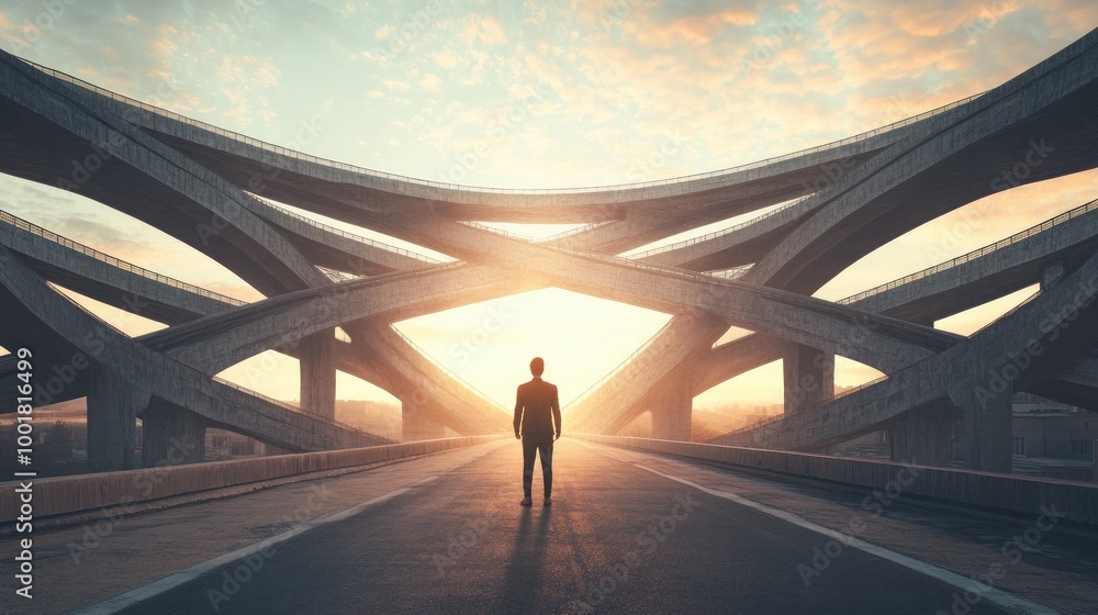 A person standing on a bridge with multiple routes diverging, representing choices about future directions, growth, and the unknown paths ahead A person standing on a bridge with multiple routes diverging, representing choices about future directions, growth, and the unknown paths ahead