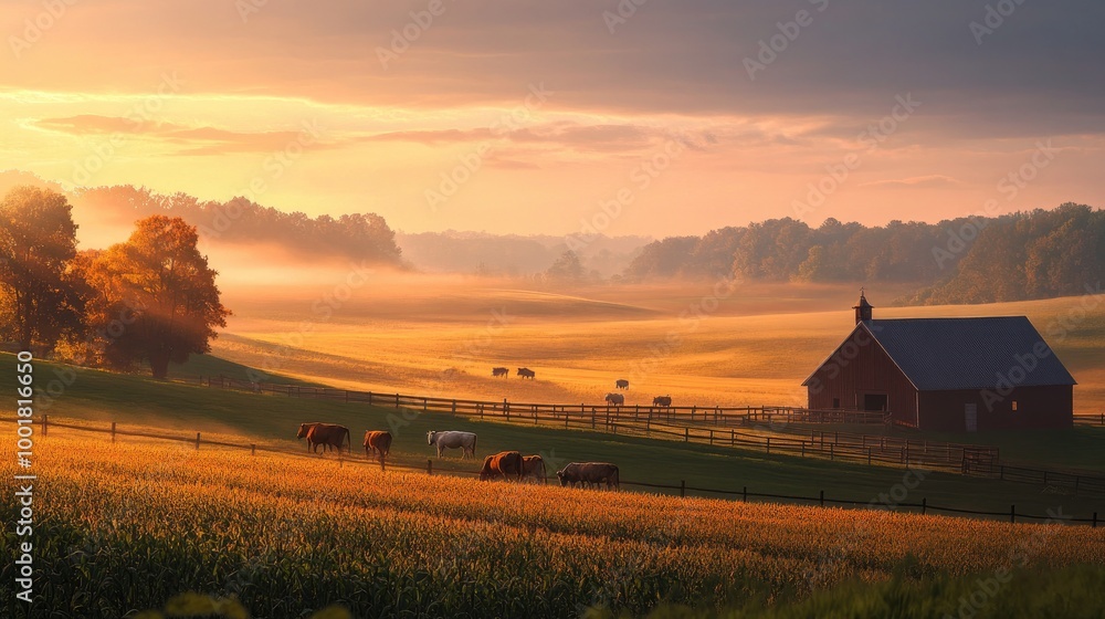 A quiet farm in the morning with the sun rising over the horizon, casting soft light on grazing animals and fields of crops A quiet farm in the morning with the sun rising over the horizon, casting soft light on grazing animals and fields of crops