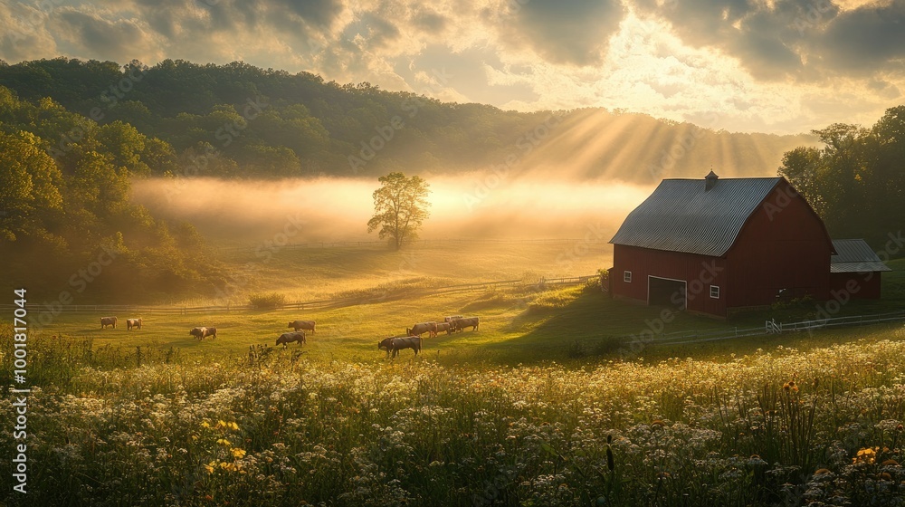 A serene farm at sunrise with rays of light filtering through the fog, highlighting a red barn, grazing cattle, and a field of wildflowers