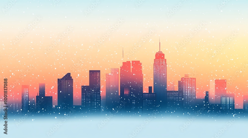Stunning skyline during sunset, showcasing tall buildings with a dreamy snow overlay, creating a serene urban atmosphere. Stunning skyline during sunset, showcasing tall buildings with a dreamy snow overlay, creating a serene urban atmosphere.