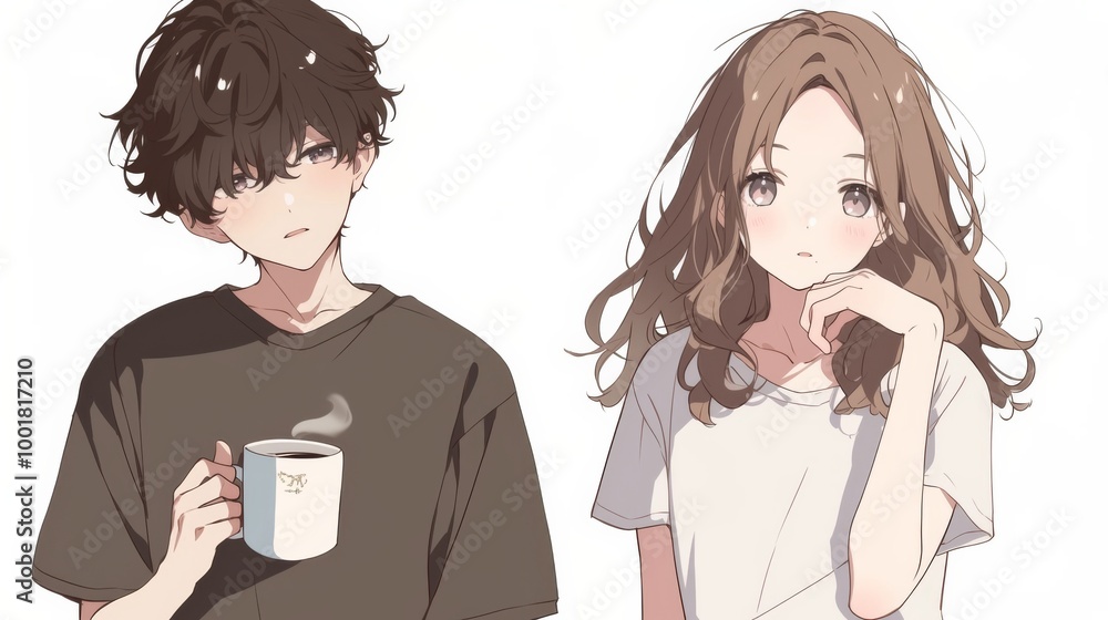 A stylish boy with long hair holds a cup of coffee , stands a girl with brown curly hair, A stylish boy with long hair holds a cup of coffee , stands a girl with brown curly hair,