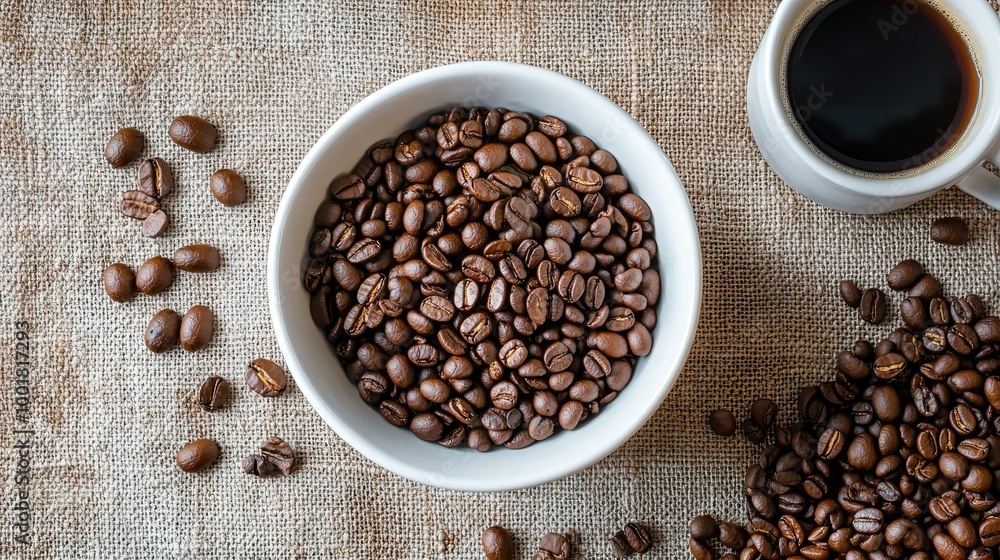 A simple flat lay of freshly roasted coffee beans in a white bowl, surrounded by raw beans and a coffee cup on a textured background A simple flat lay of freshly roasted coffee beans in a white bowl, surrounded by raw beans and a coffee cup on a textured background