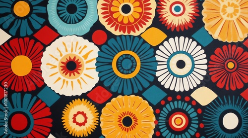 Vibrant floral pattern with colorful circles, perfect for home decor, textiles, or artistic projects.