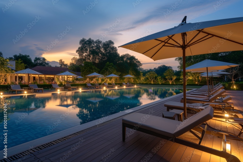 Obraz premium Tropical Resort Swimming Pool at Sunset - Luxury Vacation Getaway