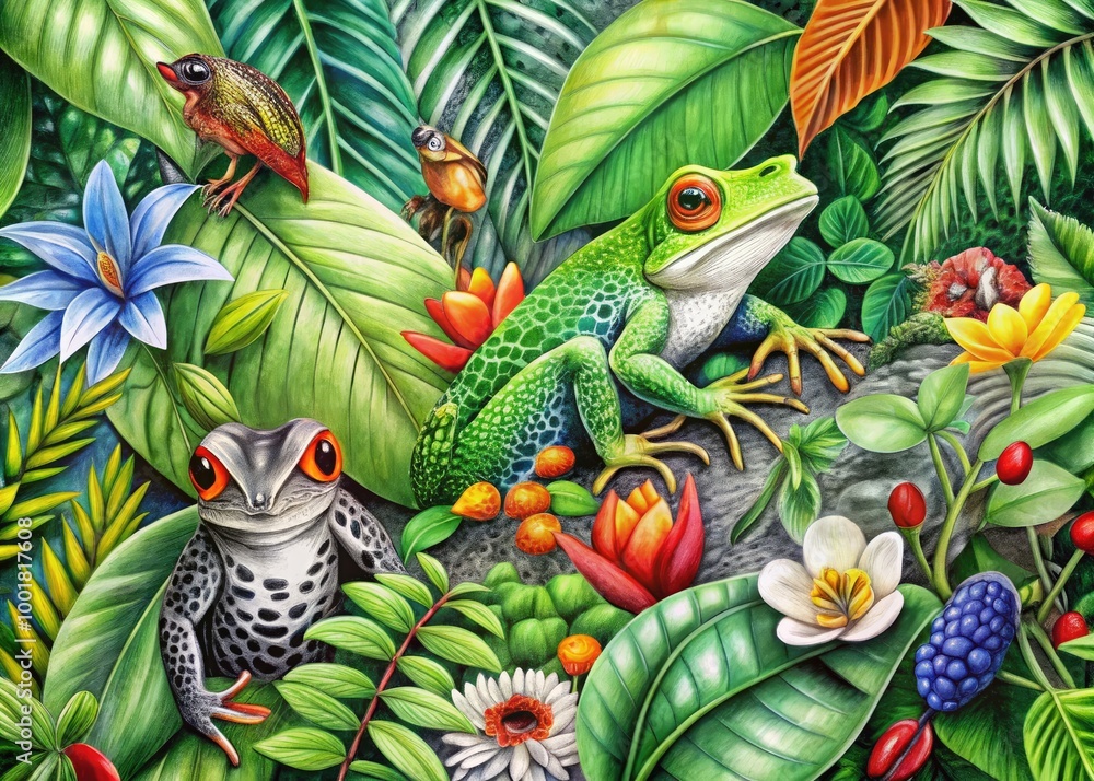 Fototapeta premium Intricate Black and White Drawings of Rainforest Flora and Fauna for Creative Background Use