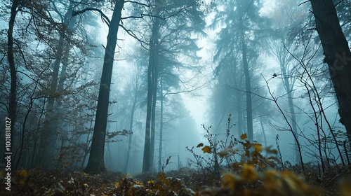 Wallpaper Mural A misty forest path shrouded in a mysterious blue haze. The trees stand tall and slender, their branches reaching up towards the sky. Torontodigital.ca