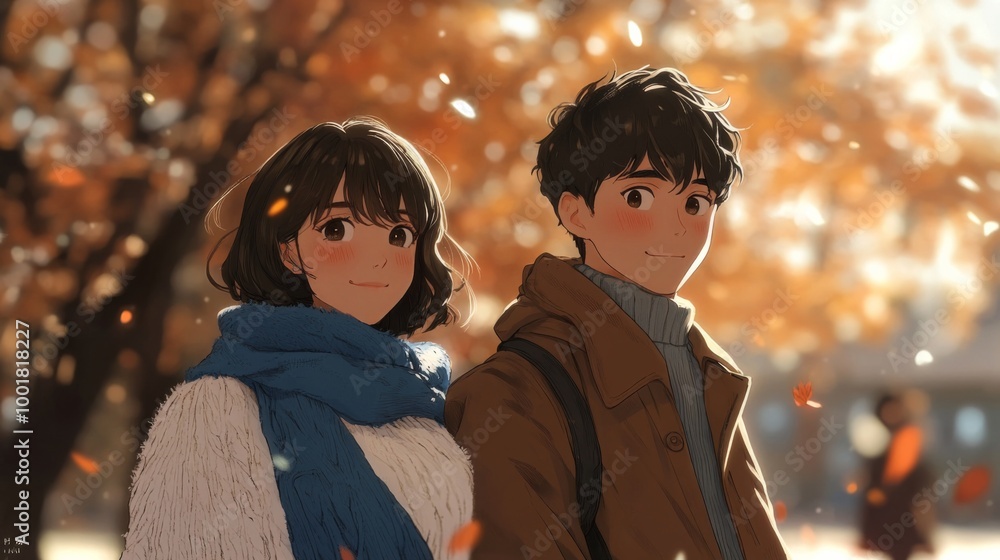 Adorable couple sitting together, with the girl in a white sweater and blue scarf, while the boy in a brown coat Adorable couple sitting together, with the girl in a white sweater and blue scarf, while the boy in a brown coat