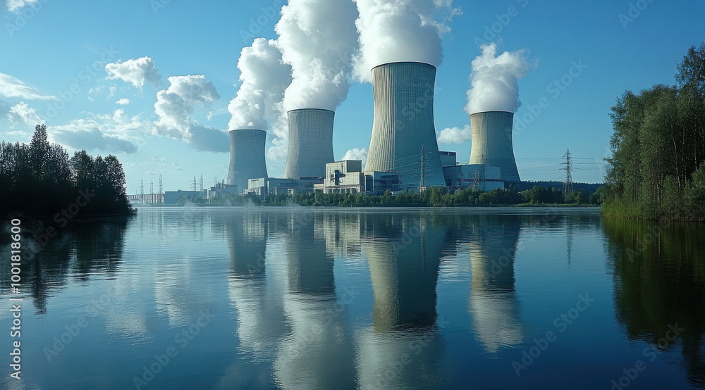 Wand nuclear power plant with white chimneys and smoke against a tranquil lake backdrop, showcasing its impressive structure Wand nuclear power plant with white chimneys and smoke against a tranquil lake backdrop, showcasing its impressive structure