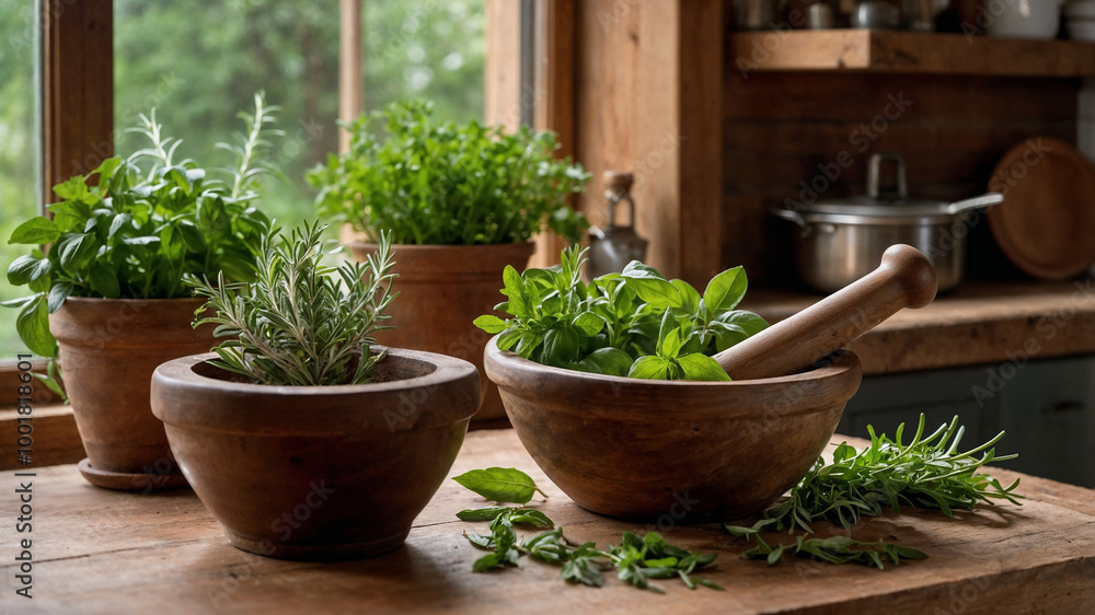 Fresh herbs and medicinal plants, such as rosemary and basil, arranged in wooden bowls. On the table are potted medicinal plants - basil, peppermint and rosemary. The natural light highlights. Fresh herbs and medicinal plants, such as rosemary and basil, arranged in wooden bowls. On the table are potted medicinal plants - basil, peppermint and rosemary. The natural light highlights.