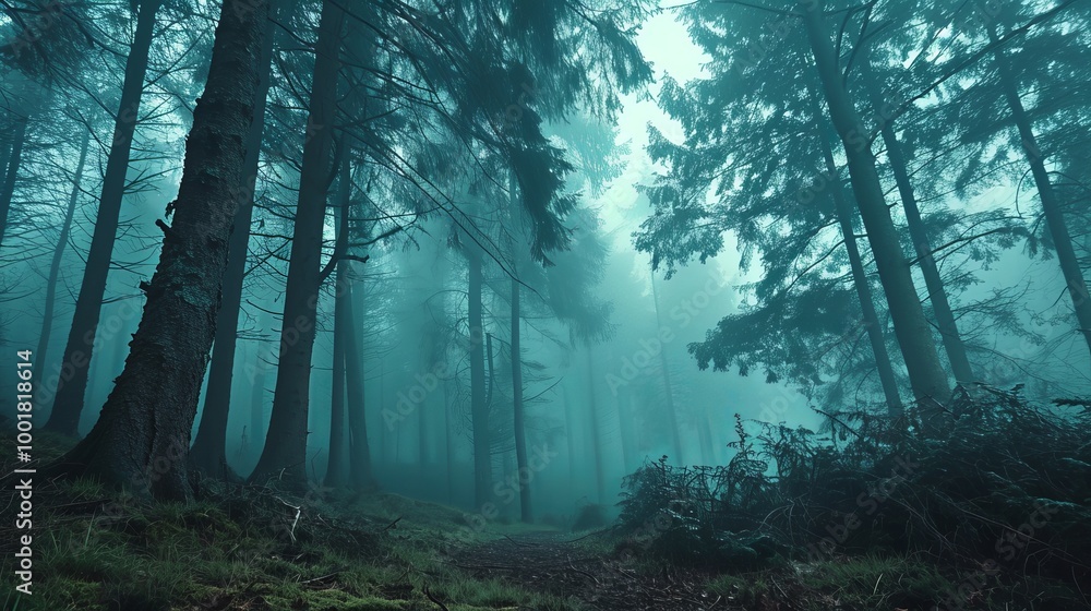 Fototapeta premium A path winds through a dense forest, shrouded in a thick, ethereal fog. The tall trees stand like sentinels, their branches reaching towards the hazy sky.