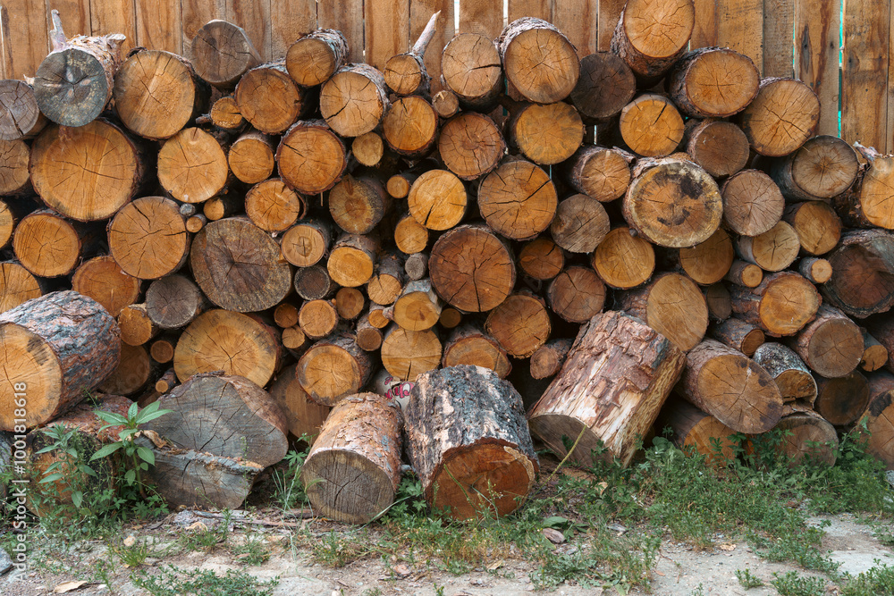 Stack of firewood logs against a wooden fence Stack of firewood logs against a wooden fence