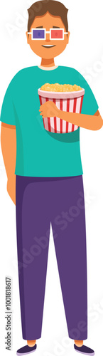 Young man is smiling and holding a bucket of popcorn while wearing 3d glasses