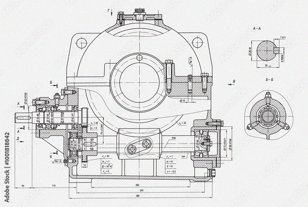 Obraz premium Engineering mechanical pencil drawing of steel devices (reducer, gearbox, engine) with dimension lines. Industrial cad scheme on white paper sheet. Technology background. Machine template.
