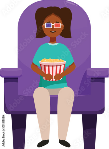 Young girl is enjoying a movie at the cinema, wearing 3d glasses and holding a bucket of popcorn