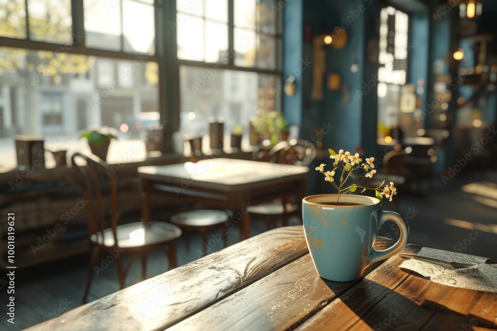 Cozy Cafe Table with Sunlight and Flowers in a Blue Cup Cozy Cafe Table with Sunlight and Flowers in a Blue Cup