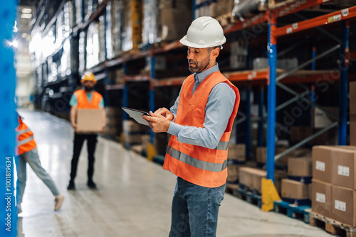 Obraz na płótnie Focused warehouse worker analyzing tasks on digital tablet