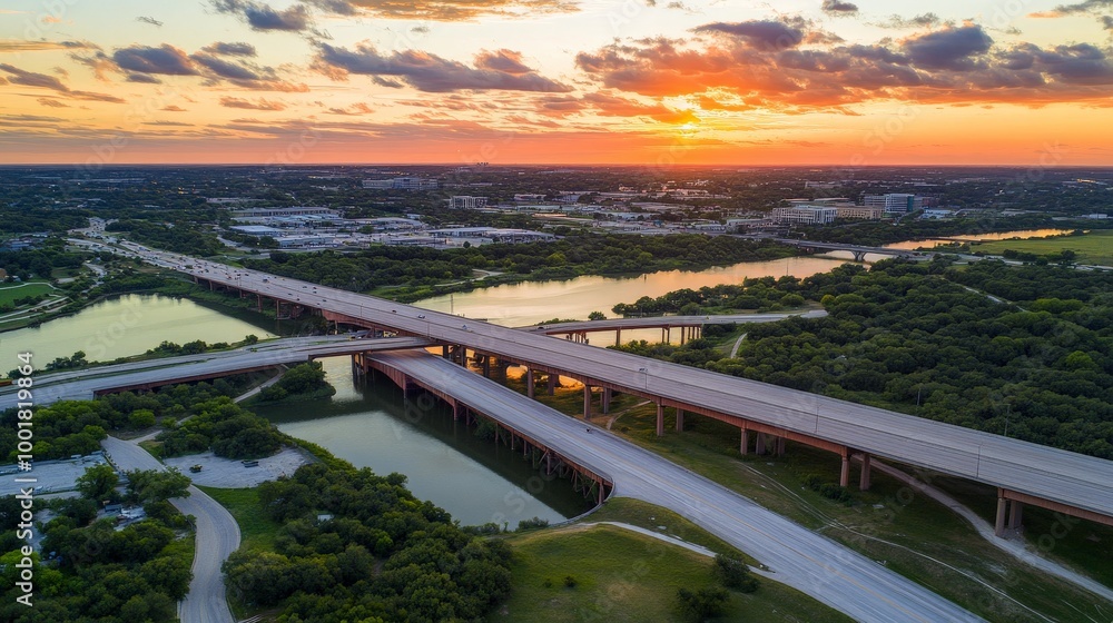 Spectacular Cityscape Sunset over Urban Bridge and River Landscape Spectacular Cityscape Sunset over Urban Bridge and River Landscape