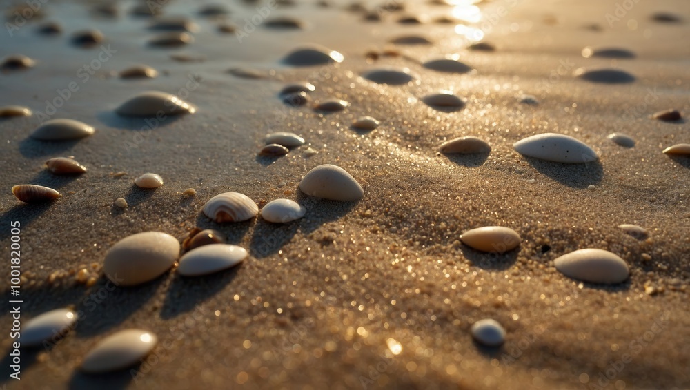Sandy beach at sunset with seashells illuminated by warm light