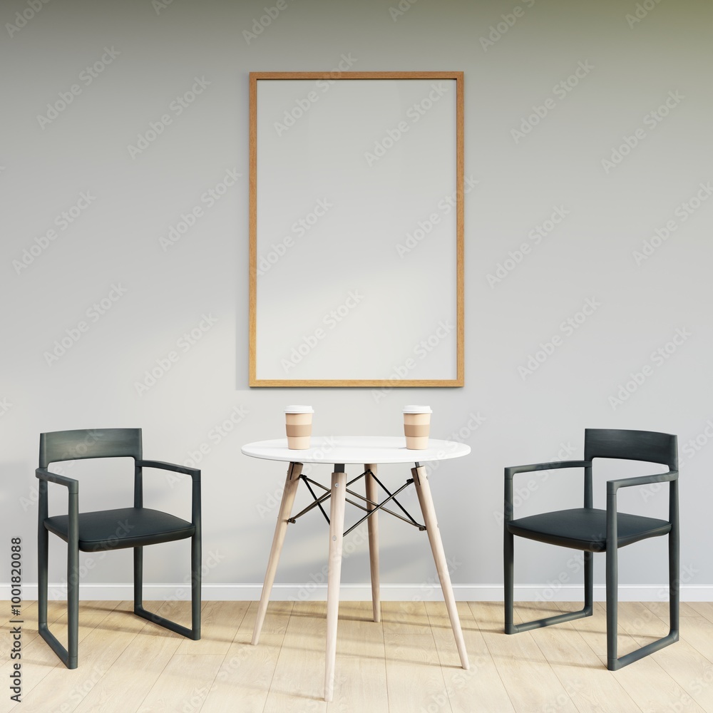 Mockup frame on table in living room interior on empty white wall background. 3D Rendering Mockup frame on table in living room interior on empty white wall background. 3D Rendering