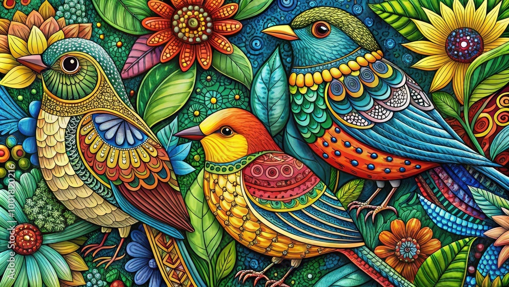 Intricate Zentangle Style Birds in Artistic Patterns with Detailed Line Work and Creative Design Intricate Zentangle Style Birds in Artistic Patterns with Detailed Line Work and Creative Design