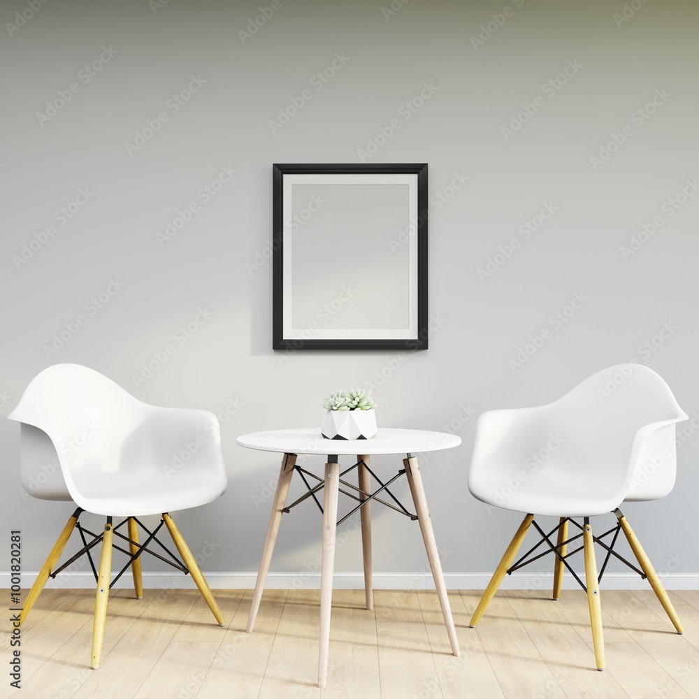 Mockup frame on table in living room interior on empty white wall background. 3D Rendering Mockup frame on table in living room interior on empty white wall background. 3D Rendering