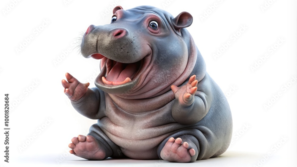 Joyful chubby baby hippo clapping hands on a white backdrop, embodying happiness and playfulness Joyful chubby baby hippo clapping hands on a white backdrop, embodying happiness and playfulness