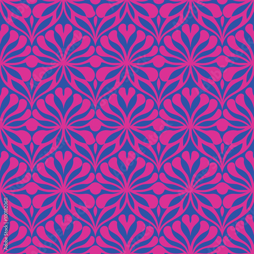 Seamless Geometric Flower Pattern in Magenta and Blue Tones