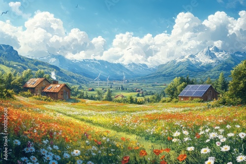 Peaceful Countryside with Fields, Rustic Barns, and Wind Turbines amid Mountains photo