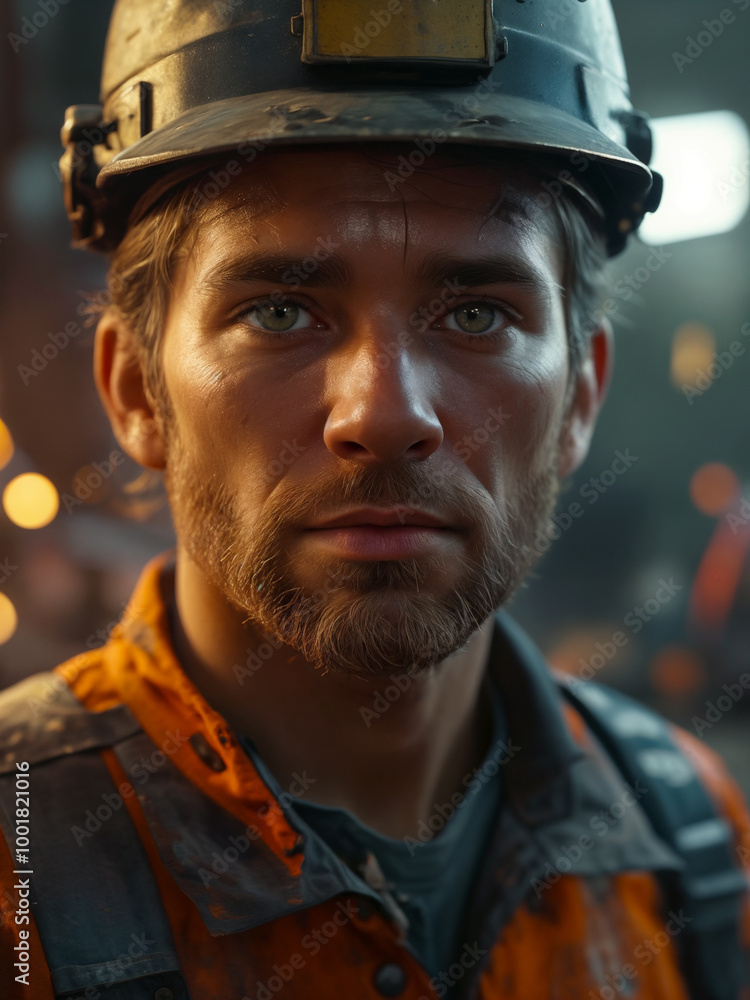 Portrait of a male miner in a protective helmet and gray-orange uniform in a coal mine or quarries extracting minerals. Mining industry Portrait of a male miner in a protective helmet and gray-orange uniform in a coal mine or quarries extracting minerals. Mining industry